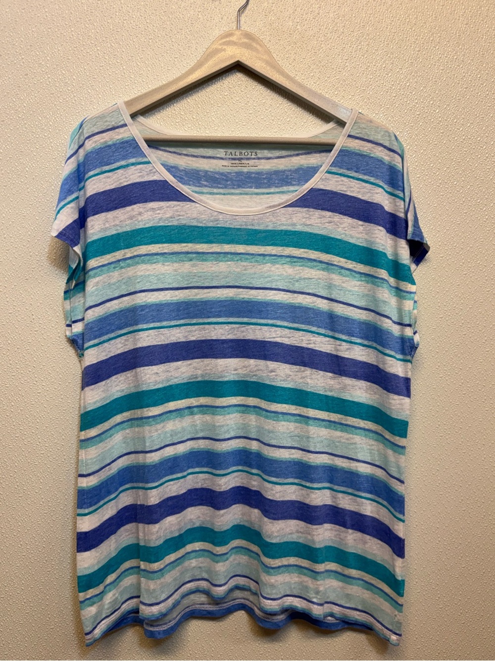 Talbots Blue & Teal Striped Scoop Neck Linen Women's Top Sz XL (E-51)